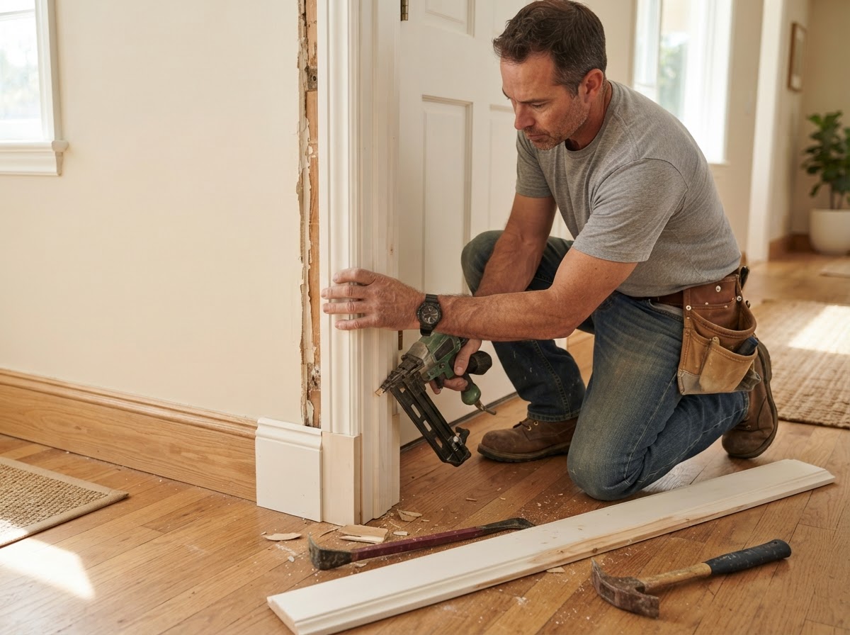 Casing replacement with carpenter fitting new finger-jointed pine casing with plinth block
