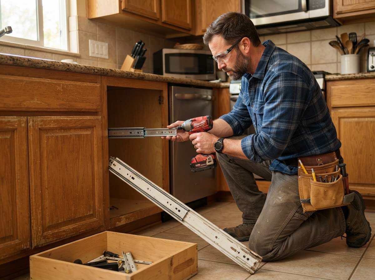 Carpenter replacing worn cabinet hinges with new soft-close hinges on an existing cabinet door