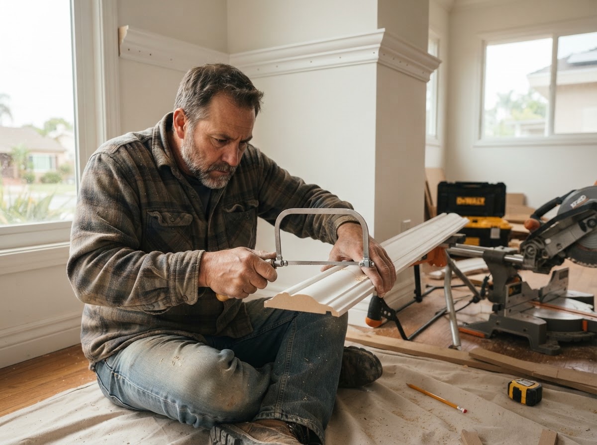 Crown molding installation in an El Monte home with carpenter cutting a cope joint at an inside corner