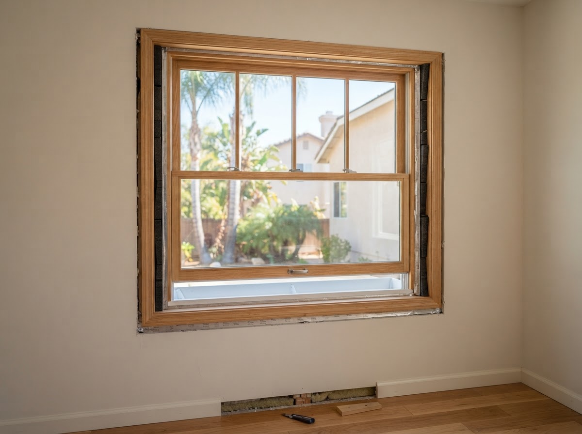 Replacement window with shims, sill pan, flashing, and casing