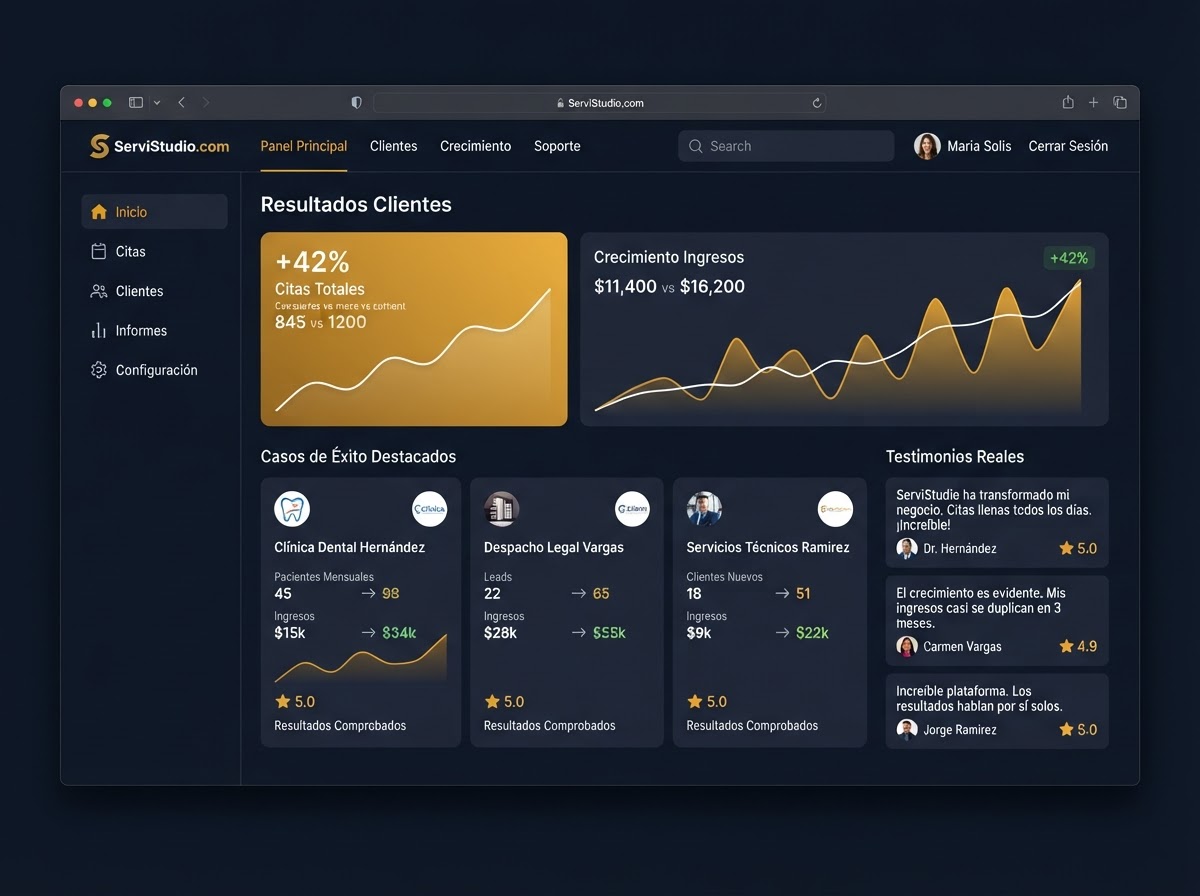 Dashboard de resultados con métricas de crecimiento y testimonios de clientes