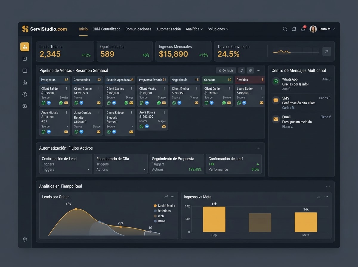 Dashboard de soluciones SERVISTUDIO con CRM, pipeline y mensajería multicanal