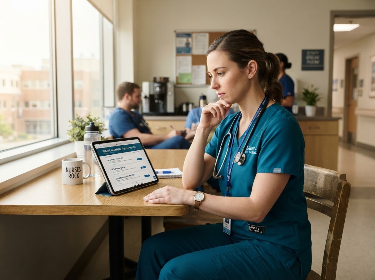 Medical floor nurse reviewing career opportunities on a tablet