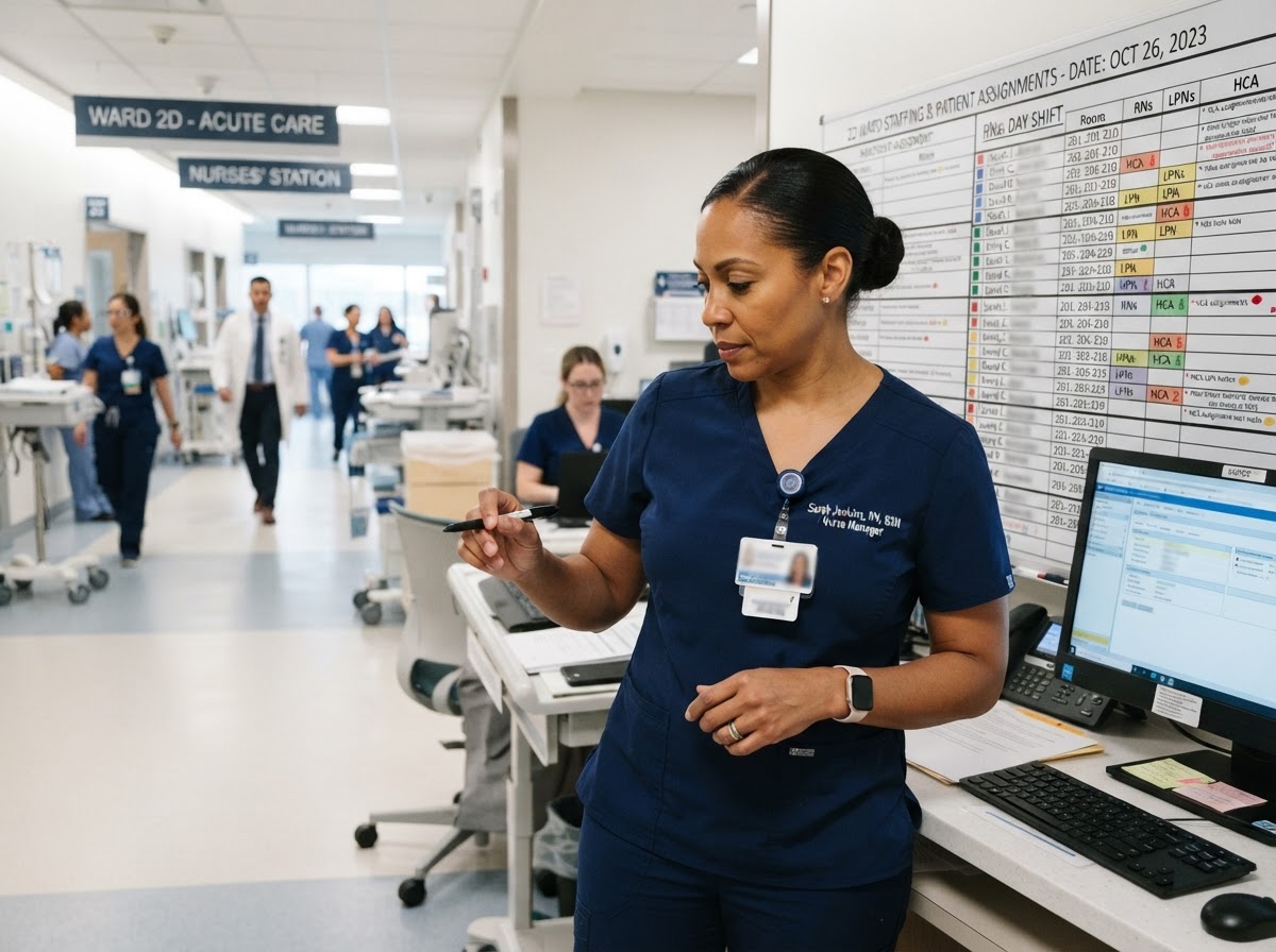 Hospital nurse manager reviewing a staffing grid with Medical Floor Recruiter