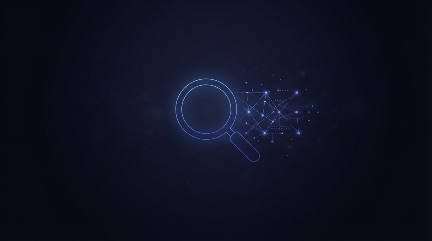 Abstract search interface with electric-blue AI answer panel