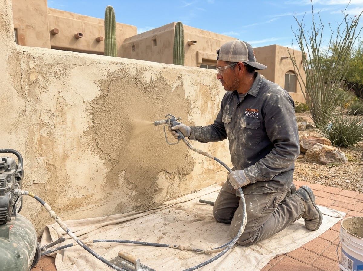 Worker pressing a sponge float into wet stucco to blend a lace texture pattern, matching the surrounding wall finish, photographed in San Tan Valley, Arizona
