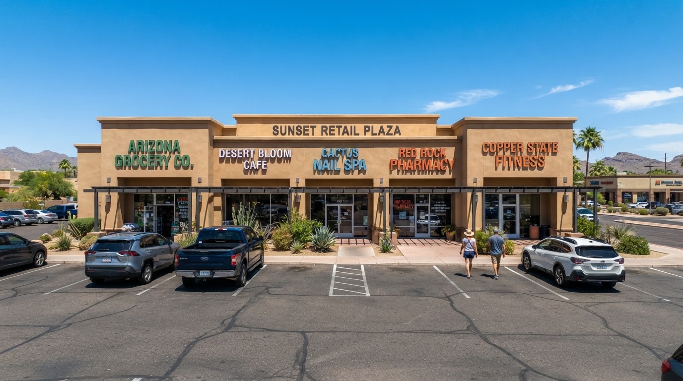 Single-story commercial retail building with a smooth stucco facade, storefront glass windows, and parking lot, photographed in an Arizona strip mall