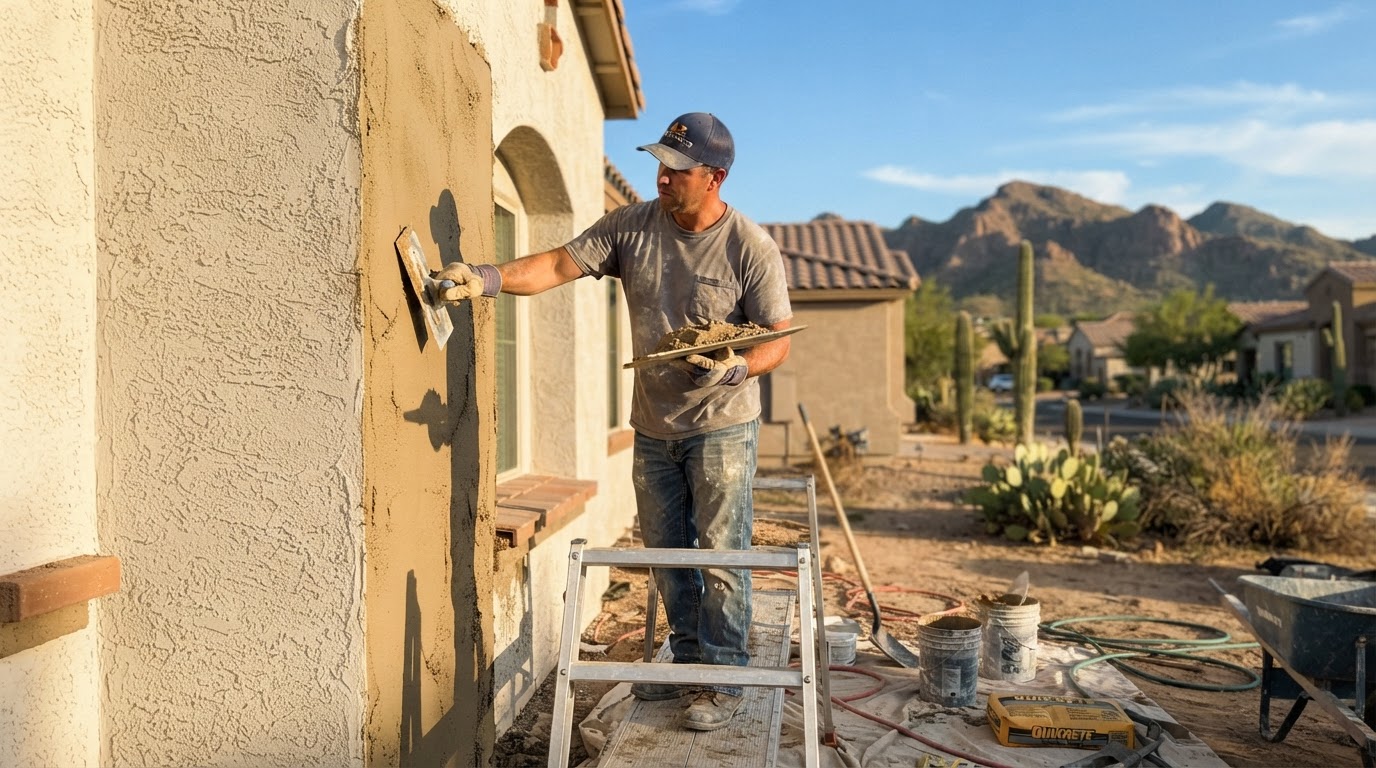 Stucco contractor standing on scaffolding applying a base coat to a two-story exterior wall with a trowel, photographed in San Tan Valley, Arizona