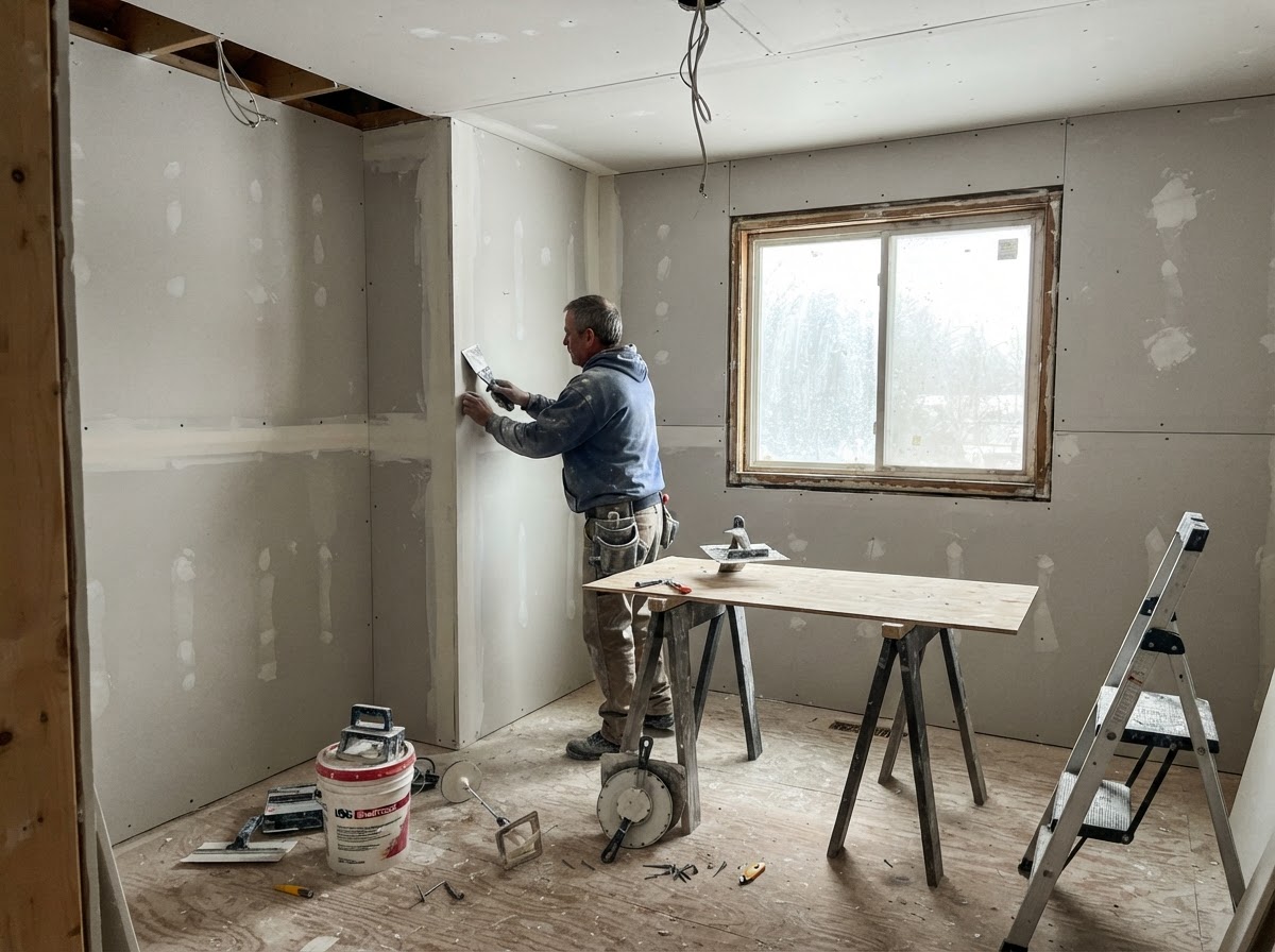 Worker applying white joint compound to a drywall seam with a taping knife, with a mud pan and taping tools visible nearby, photographed in San Tan Valley, Arizona