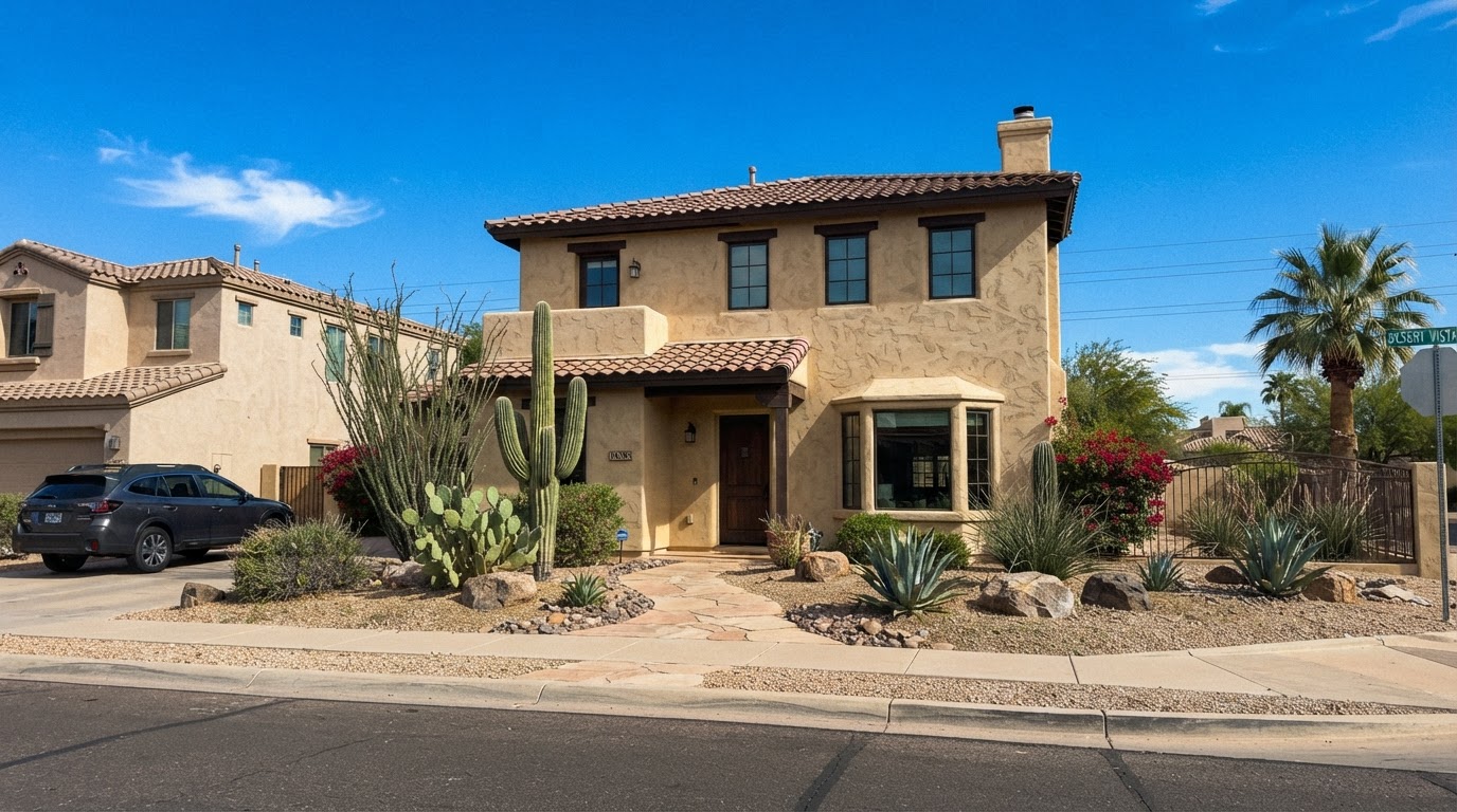 Two-story stucco home with a warm tan lace-textured exterior, red tile roof, and gravel desert landscaping, photographed in San Tan Valley, Arizona