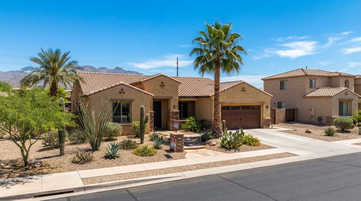 Single-story stucco home with a smooth lace-textured exterior and desert landscaping, photographed in San Tan Valley, Arizona