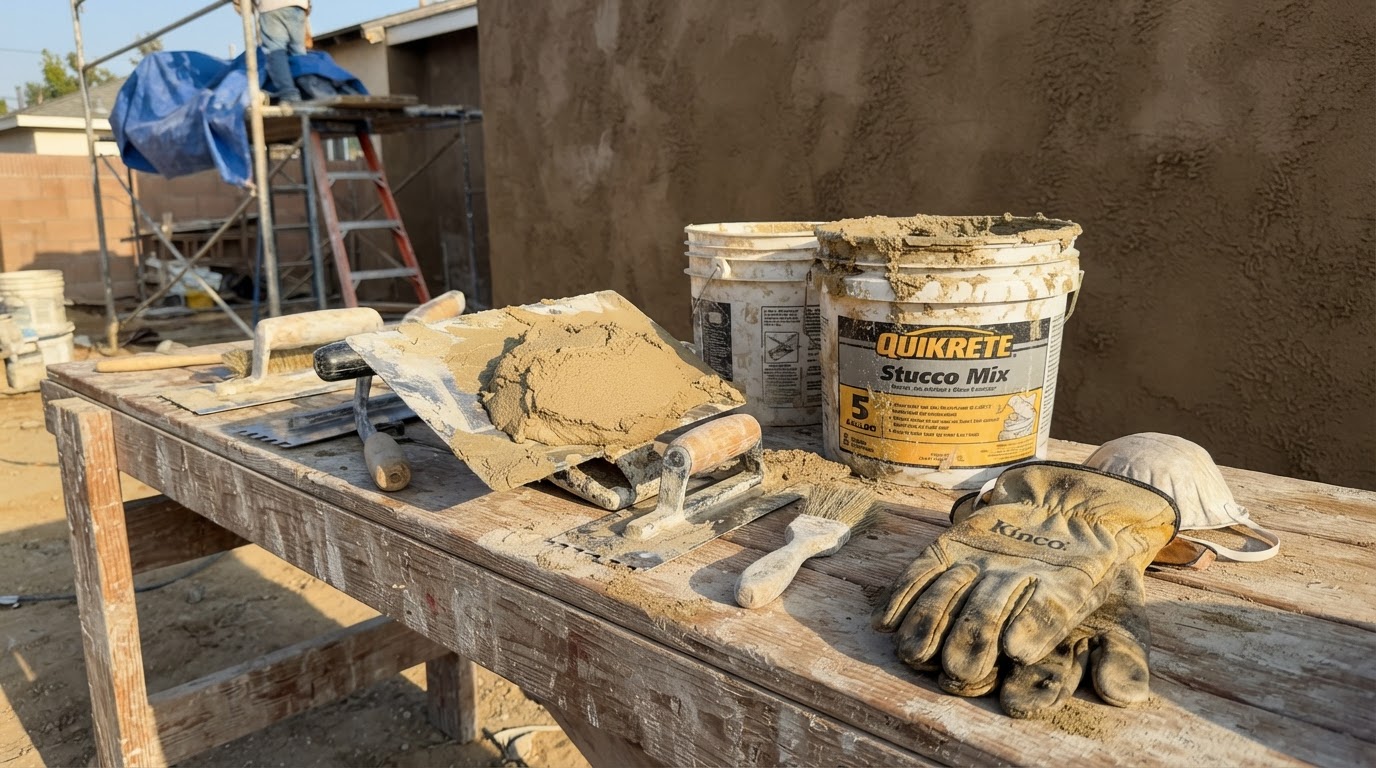 Stainless steel stucco trowels, hawk, and float tools laid out on a drop cloth beside a partially coated stucco wall, photographed in San Tan Valley, Arizona