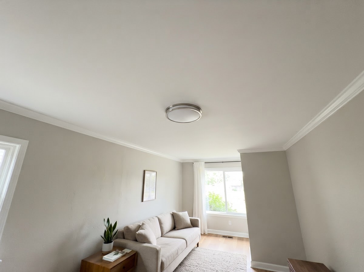 Smooth white ceiling surface in a living room after popcorn texture removal and skim coating, with recessed lighting, photographed in San Tan Valley, Arizona