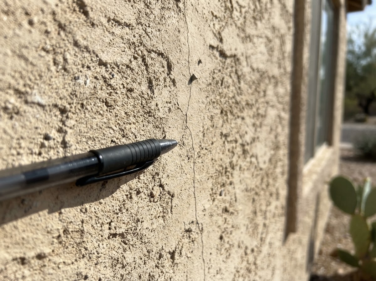 Close-up of a jagged hairline crack running diagonally through a textured stucco wall surface, photographed on an Arizona home exterior
