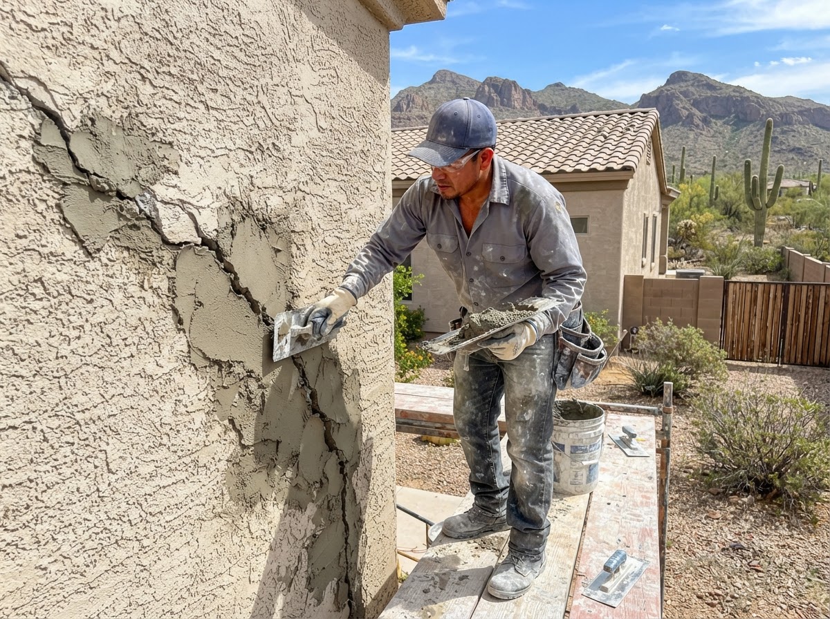 Stucco contractor using a putty knife to fill a long diagonal crack in a textured stucco wall with repair compound, photographed in San Tan Valley, Arizona