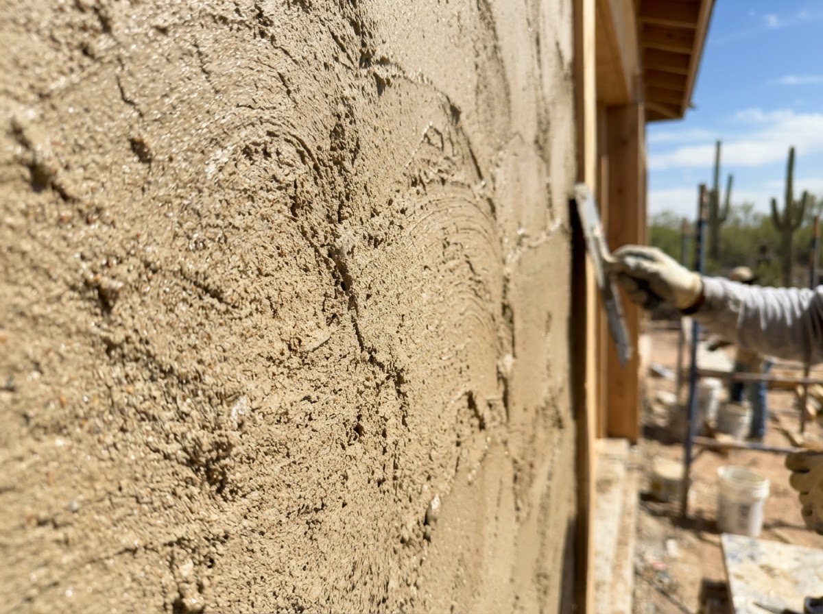 Close-up of a stainless steel trowel spreading a wet finish coat of stucco, leaving visible skip-trowel texture and swirl marks on a freshly coated wall, photographed in San Tan Valley, Arizona