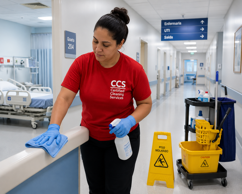 CCS employee providing healthcare and medical facility cleaning