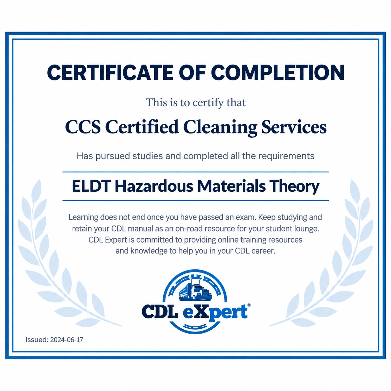 ELDT Hazardous Materials Theory Certificate of Completion - CCS Certified Cleaning Services