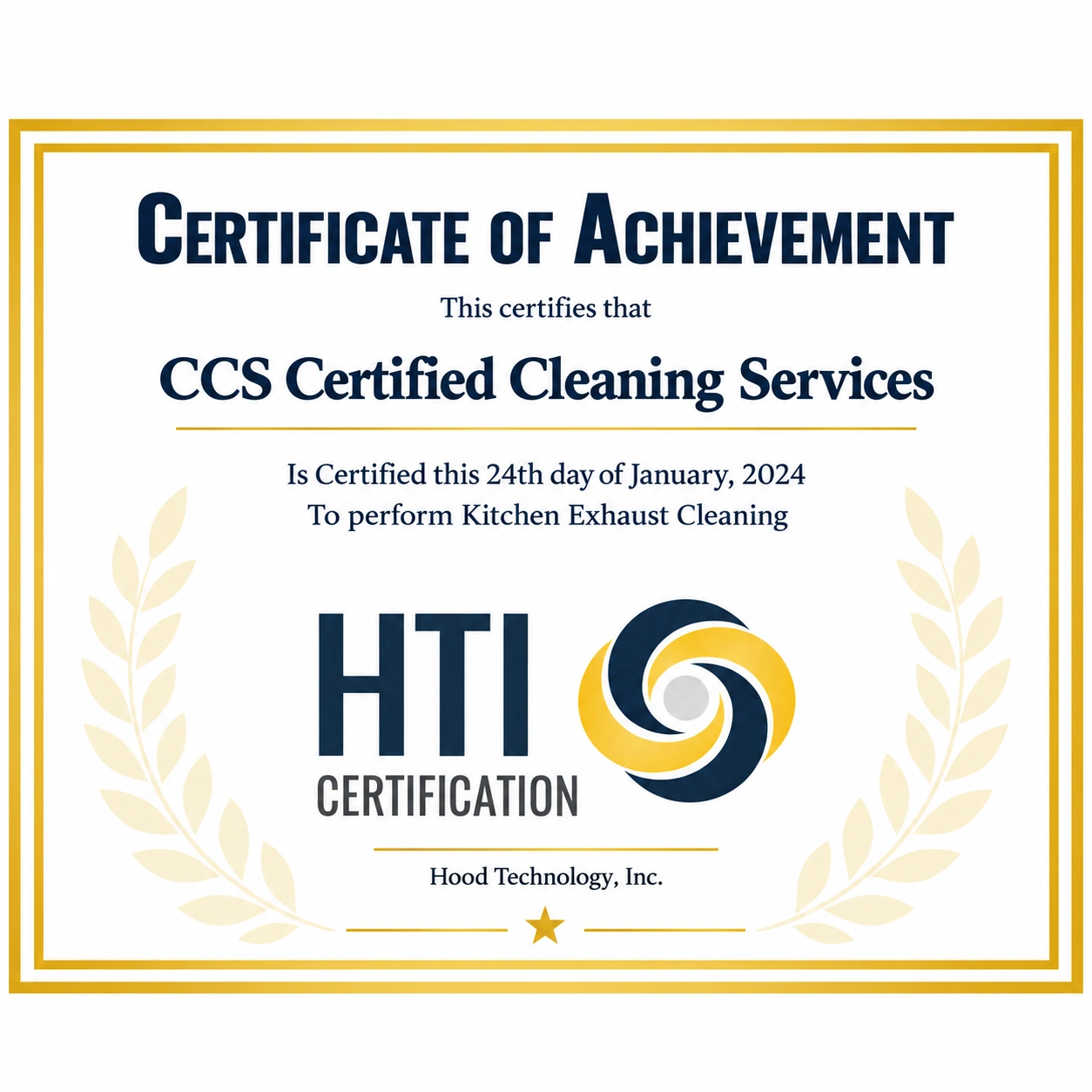 Certificate of Achievement Kitchen Exhaust Cleaning - CCS Certified Cleaning Services
