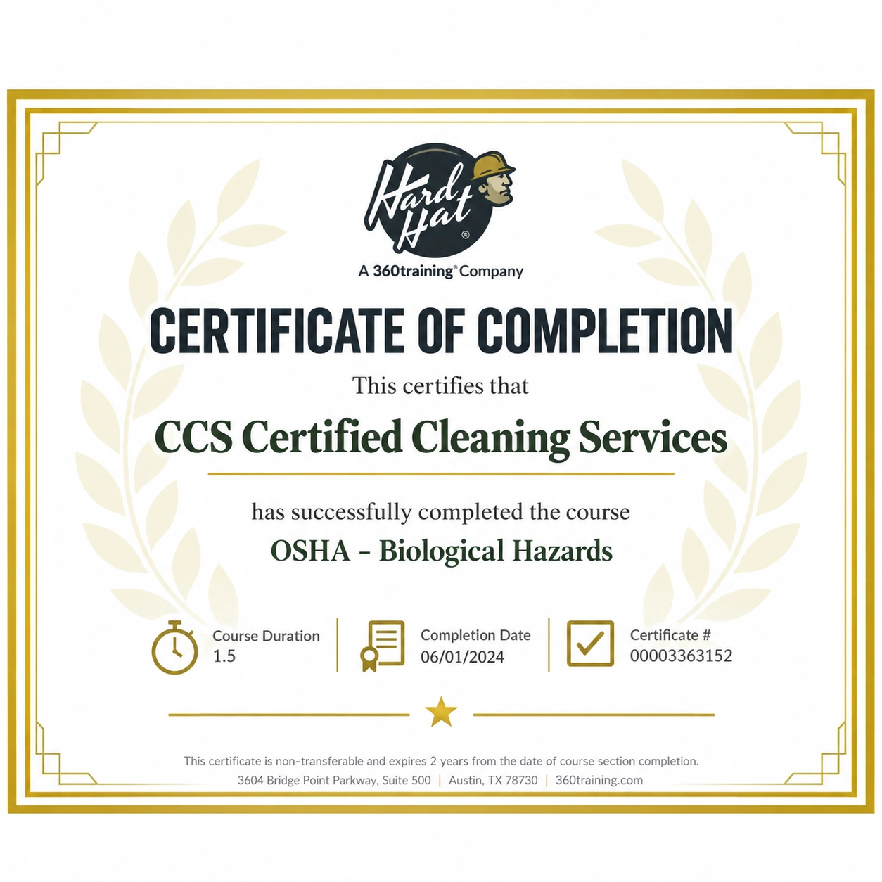 OSHA Biological Hazards Certificate of Completion - CCS Certified Cleaning Services