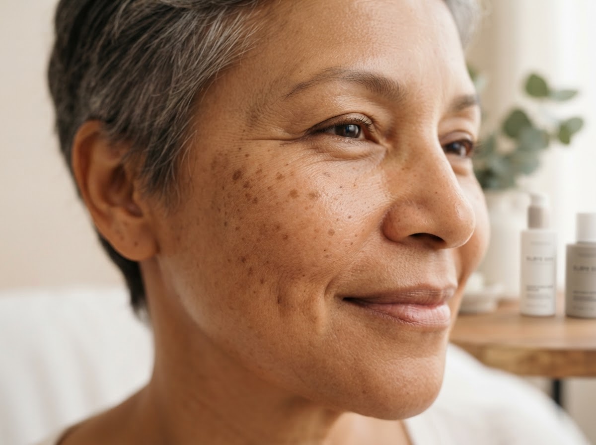 Close-up of sun spots and pigmentation on mature skin