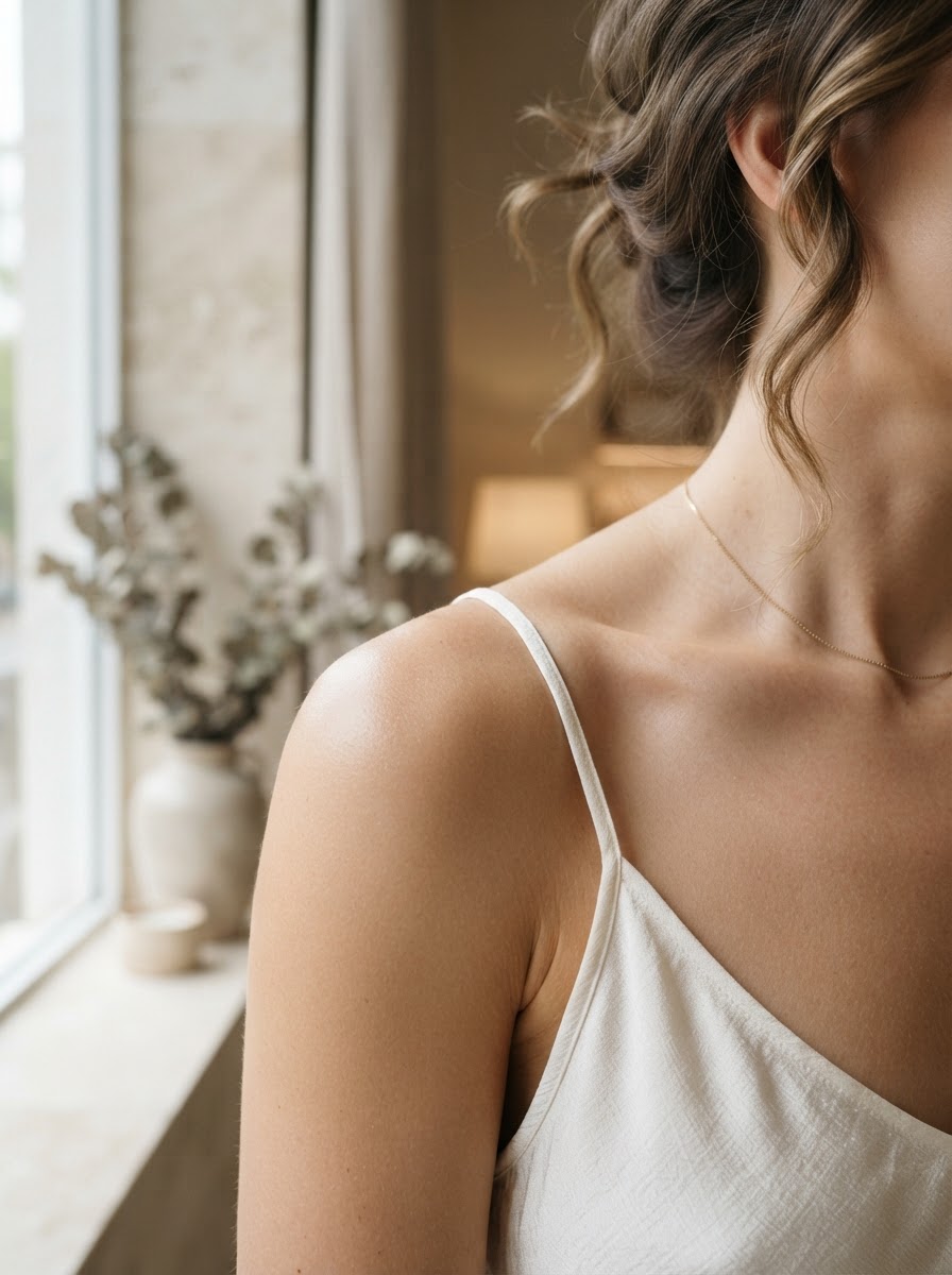 Close-up of even-toned skin on a woman's shoulder
