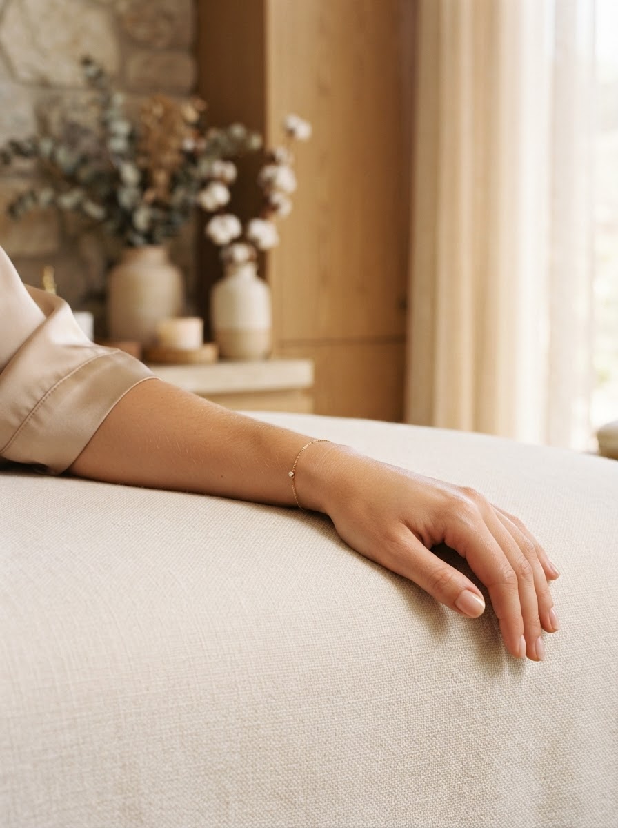 Close-up of a smooth forearm resting on ivory linen