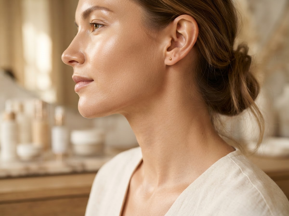 Close-up of firm skin along the jawline, laser skin tightening