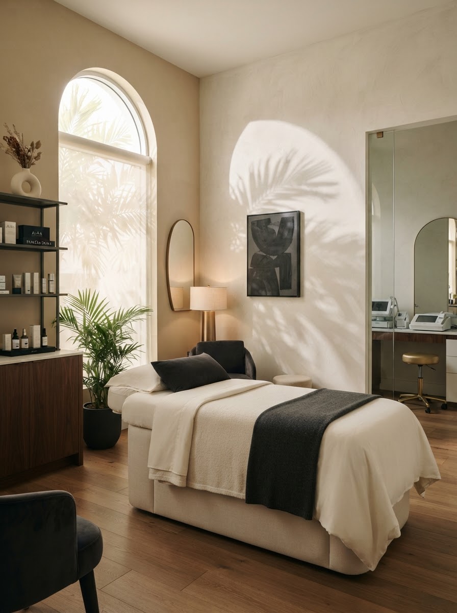 Calm Miami med spa treatment room with warm light