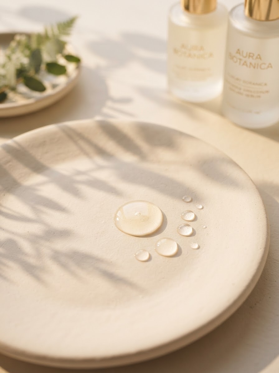 Serum droplets on ivory surface with soft botanical shadow