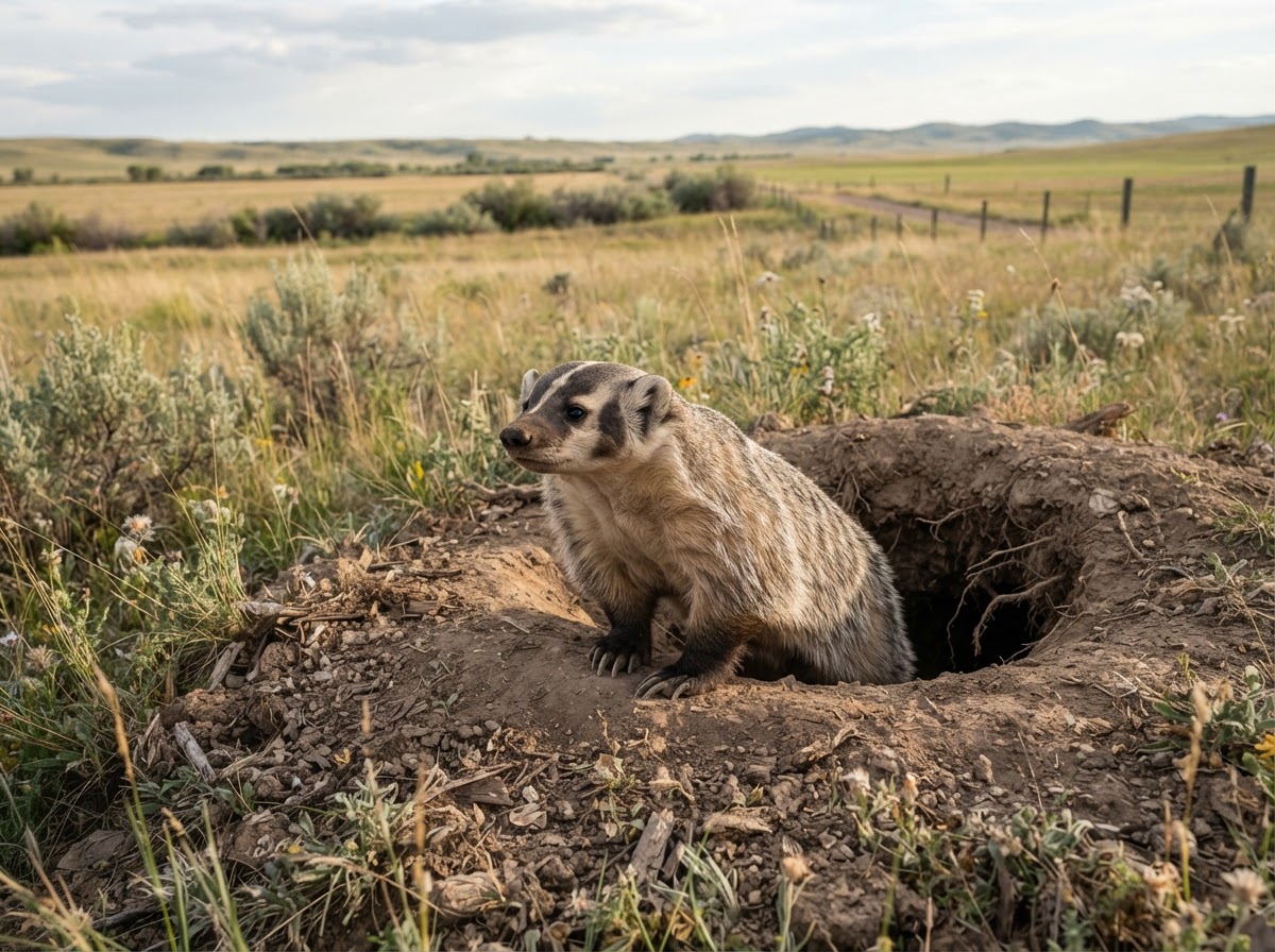 American badger near its burrow in a rural field