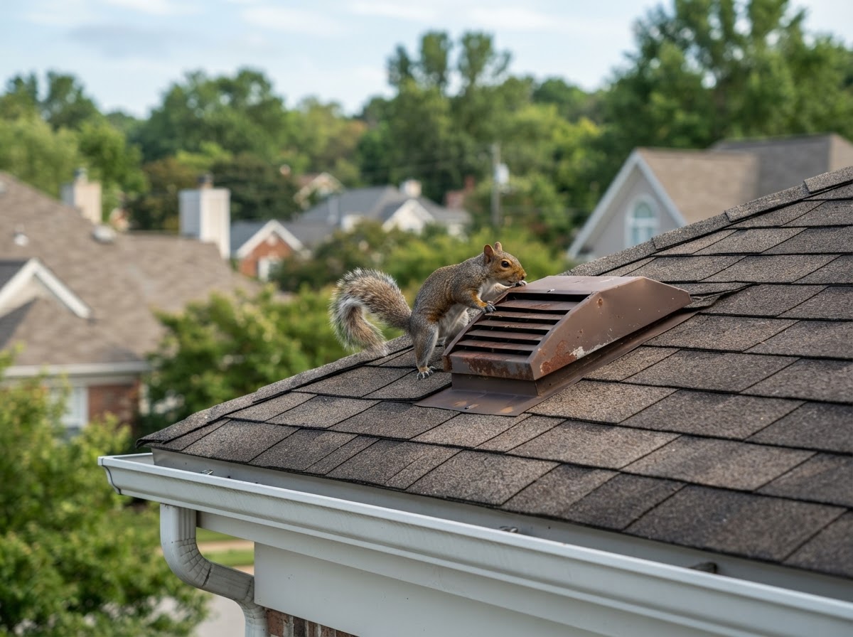 Squirrel on a residential roof near an attic vent