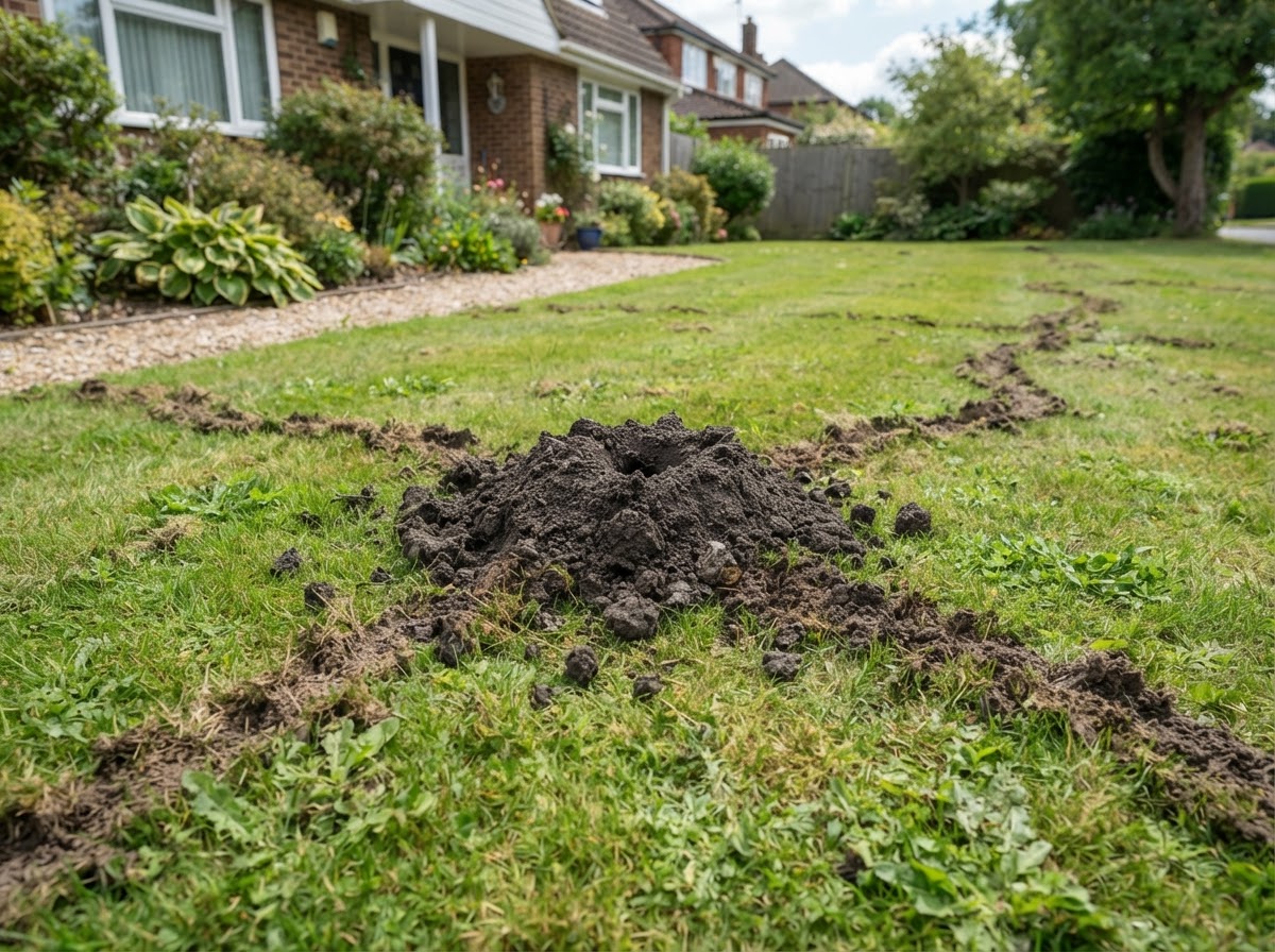 Mole dirt mound and surface tunnels across a residential lawn
