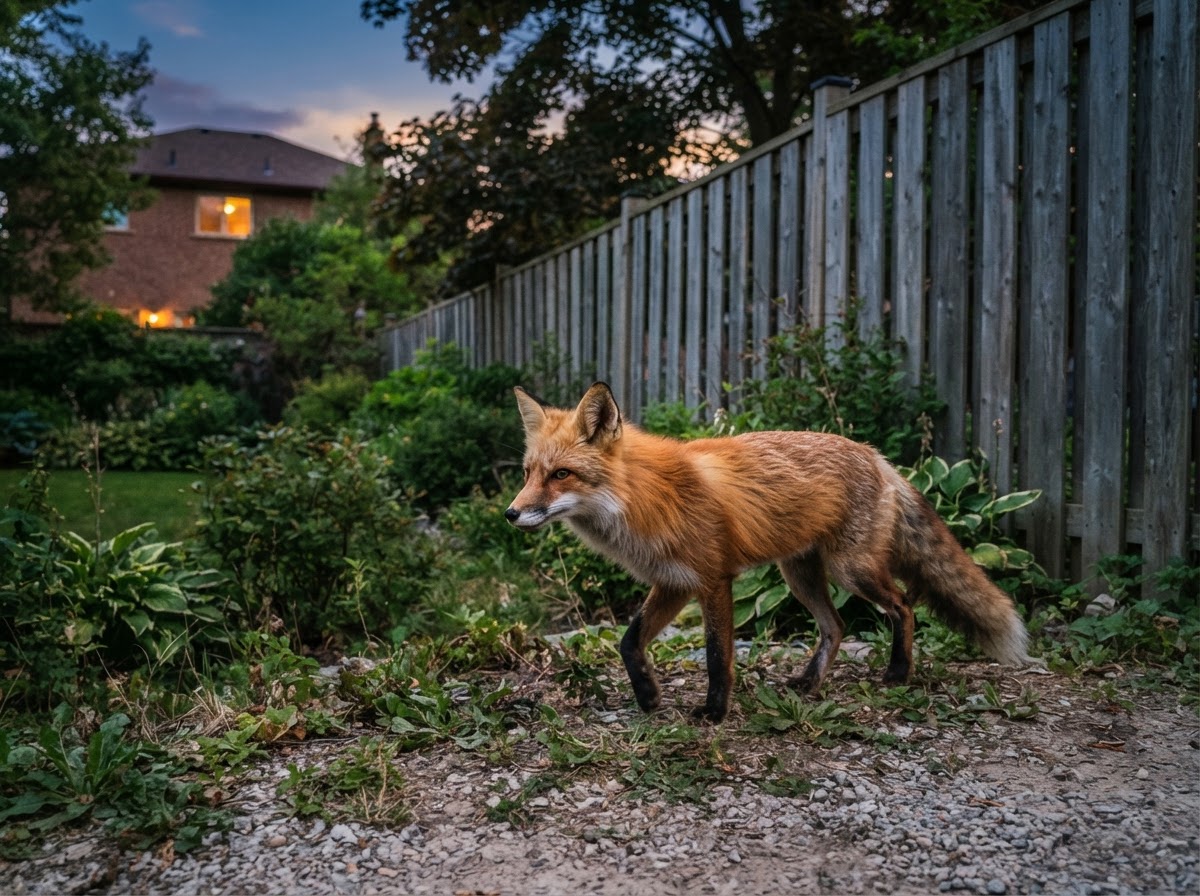 Red fox near a residential backyard fence at dusk