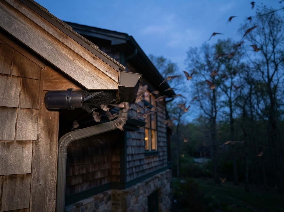 Bats flying out from under a residential roof eave at dusk