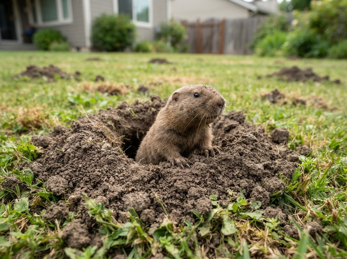 Pocket gopher emerging from a fresh dirt mound in a residential lawn