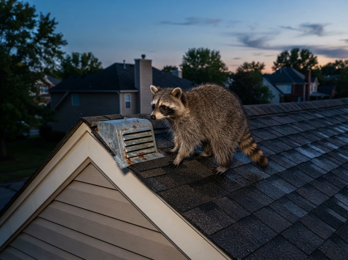 Raccoon on a residential roof near an attic vent at dusk