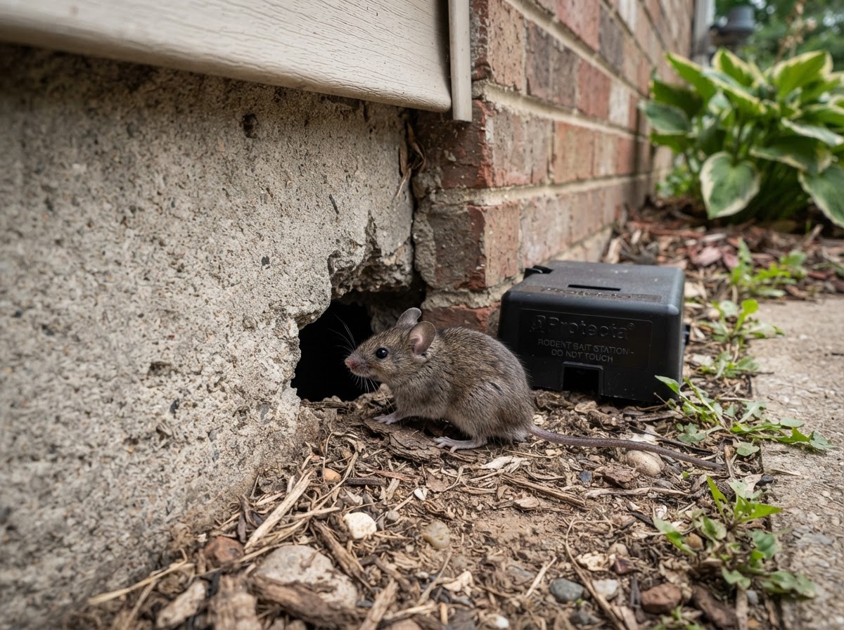 House mouse near a home foundation gap