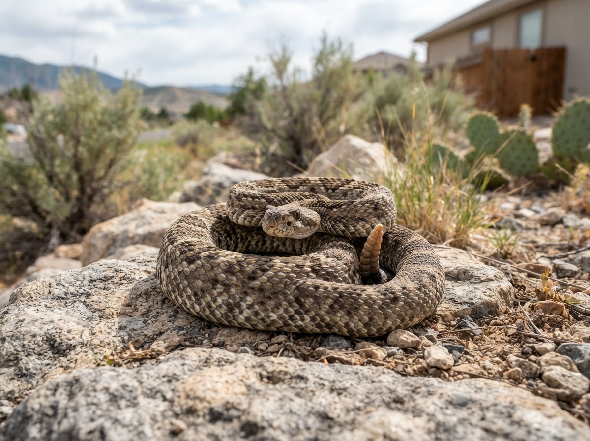 Rattlesnake coiled on rocks in a residential yard in Utah