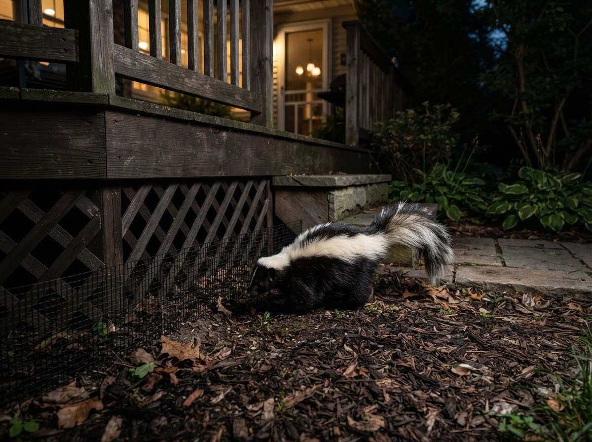 Skunk near a residential deck at night