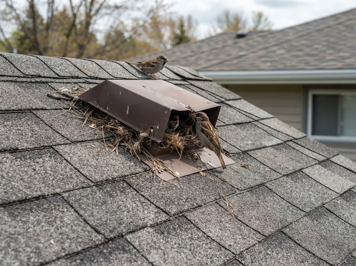 Small birds nesting near a residential roof vent
