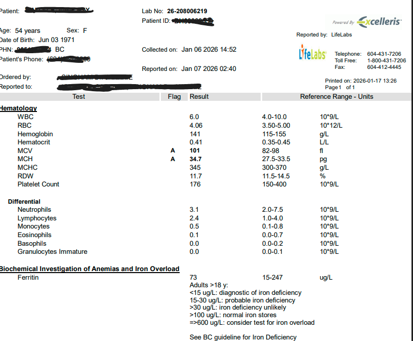 LifeLabs blood test result report showing MCV and MCH flags