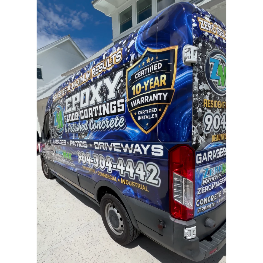 Zero Max Service Inc. branded service van featuring epoxy floor coatings, polished concrete, and 10-year warranty