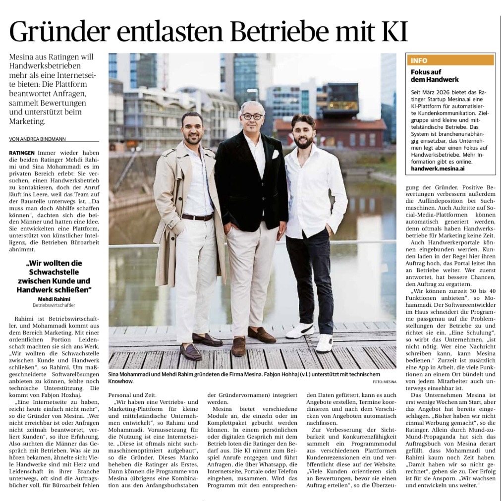 Rheinische Post Artikel: Ratinger Gründer entlasten Betriebe mit KI – Mehdi Rahimi, Sina Mohammadi und Fabjon Hoxhaj