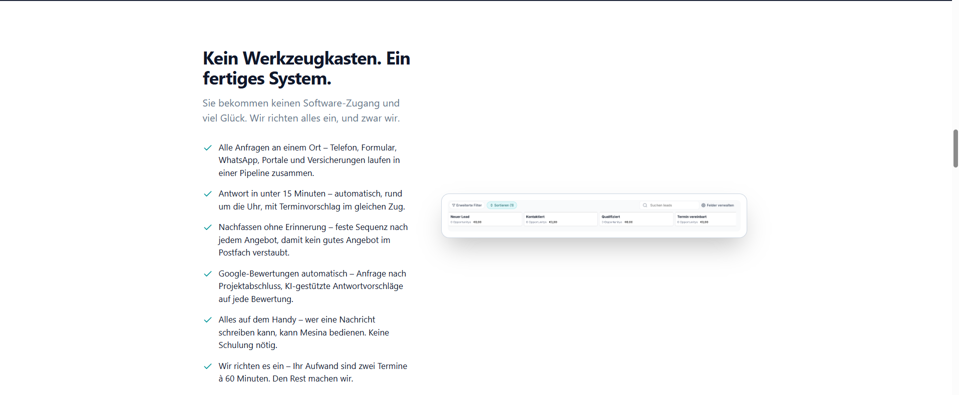 Mesina CRM Manager Pipeline Ansicht mit Anfragen, Automatisierung und Pipeline-Wert