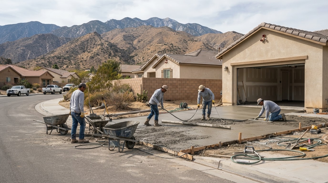 Concrete crew finishing a residential driveway in the Banning California area