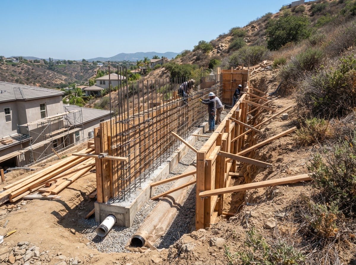 Reinforced concrete retaining wall construction in the Banning area