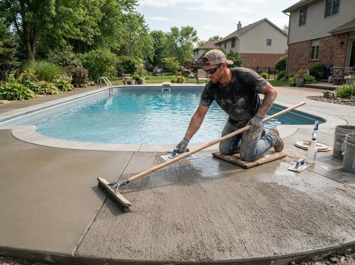 Slip-resistant concrete pool deck finishing