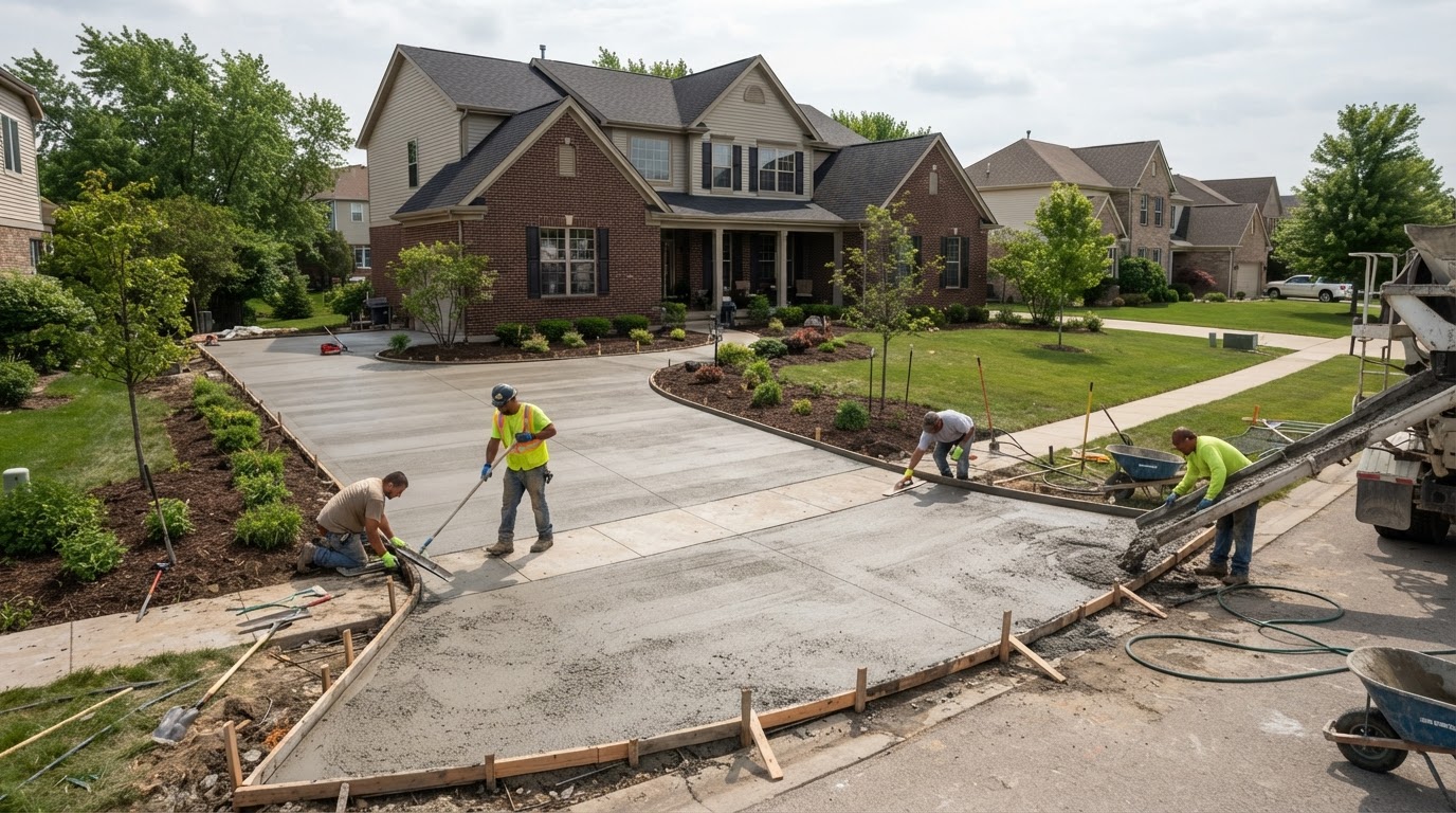 Concrete driveway installation in a Dyer style neighborhood