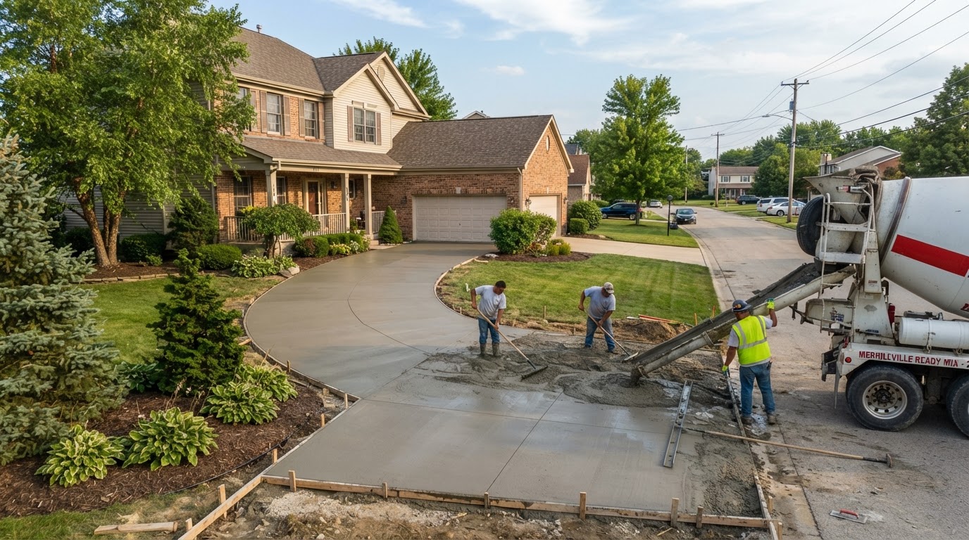 Concrete driveway installation at a Merrillville style residential property